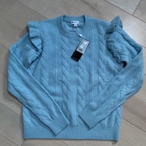 Minnie rose cashmere ruffle sleeve cable knit baby blue sweater xs